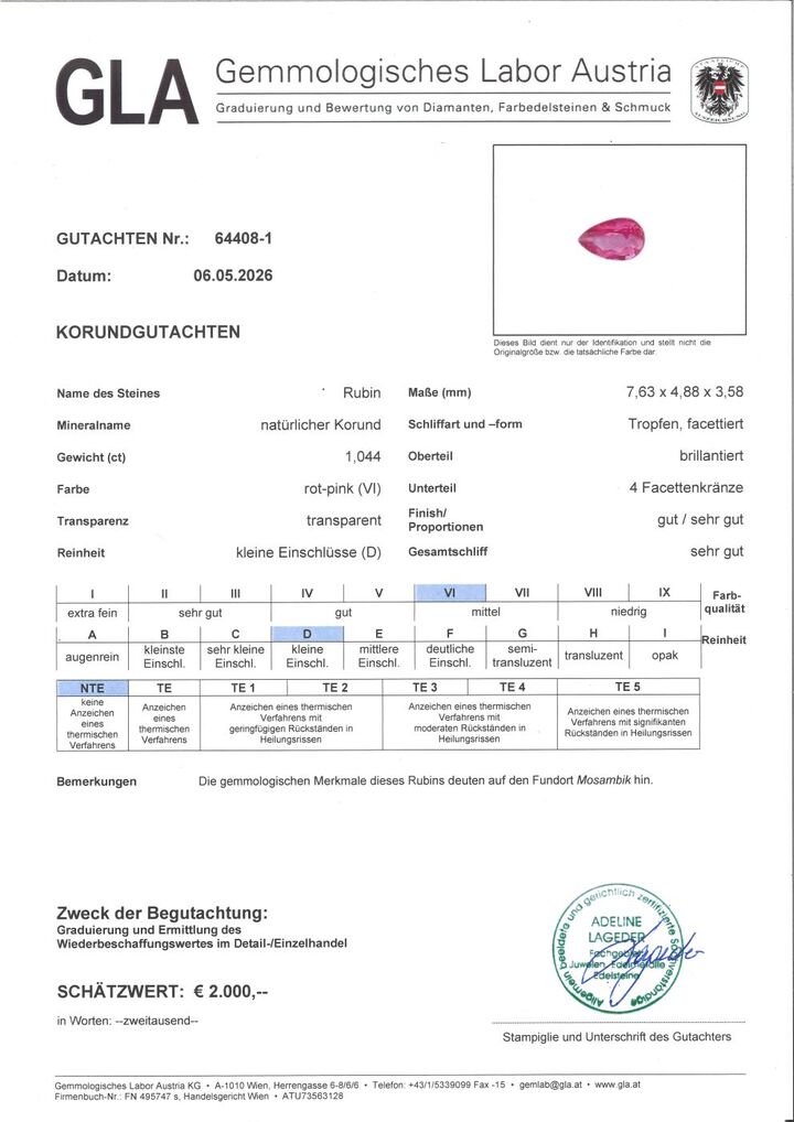 Gutachten zu Rubin Tropfen pink-rot unbehandelt 1,04 ct.
