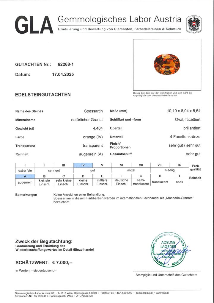 Gutachten zu Mandarin Garnet oval orange 4.40 ct.