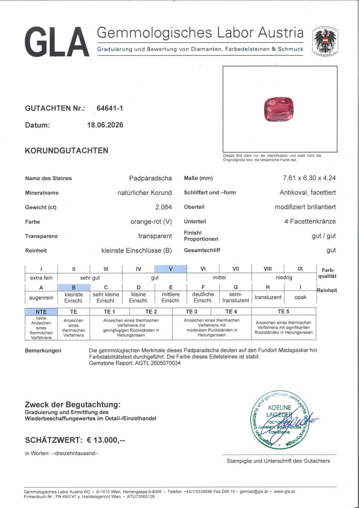 Gutachten zu Padparadscha Sapphire cushion orange-rot untreated 2.06 ct.