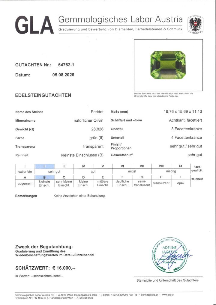 Gutachten zu Peridot octagon intensives Grün unbehandelt 28,828ct