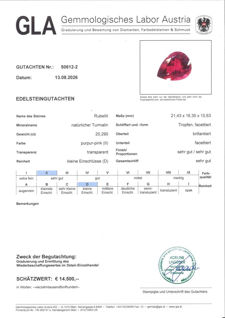 Gutachten zu Rubellit Turmalin Tropfen purpurrot 20,290 ct