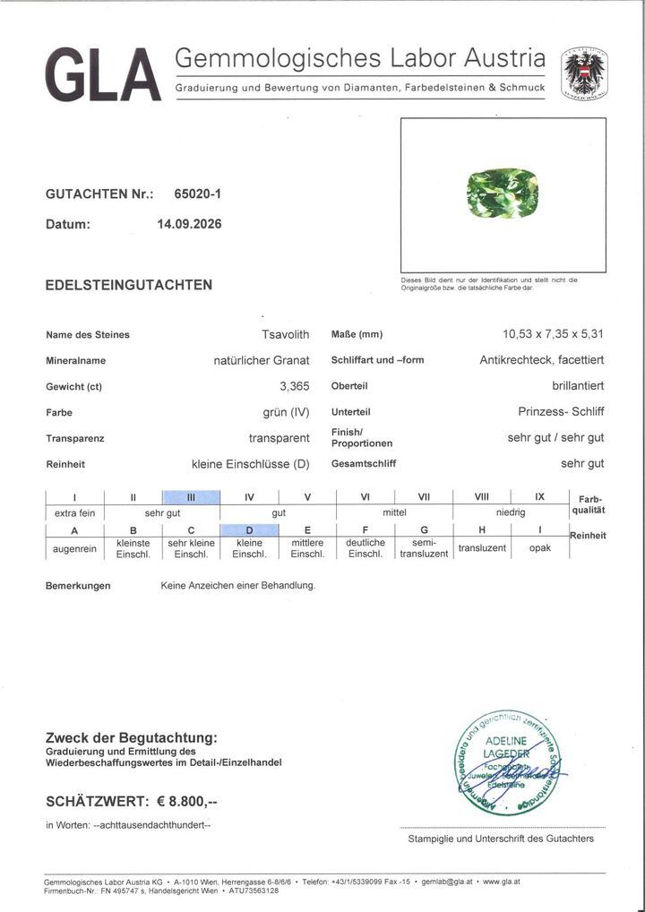 Gutachten zu Tsavorit Granat antik grasgrün 3,36 ct.