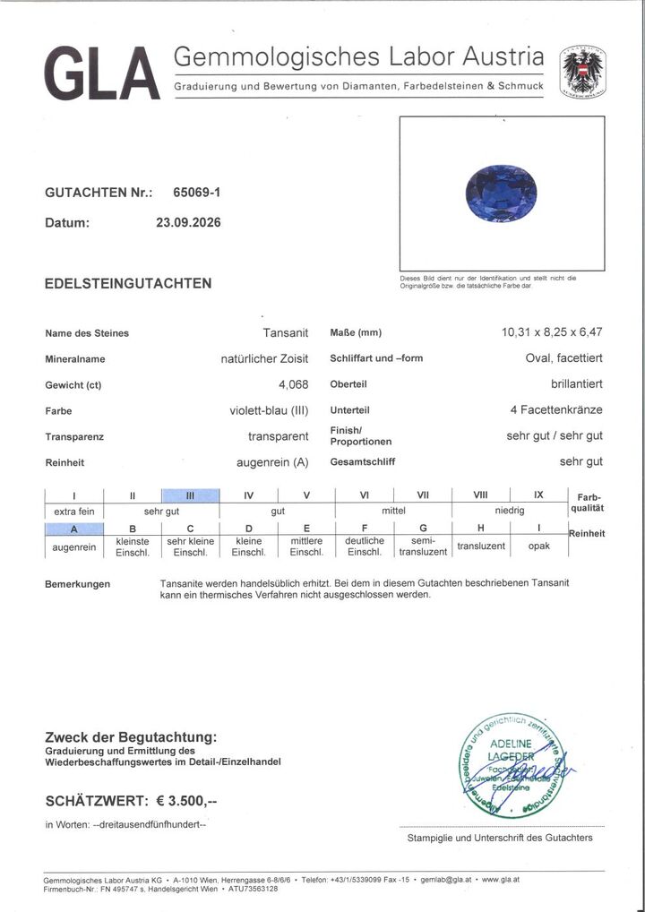 Gutachten zu Tansanit oval intensivblau 4,06 ct.