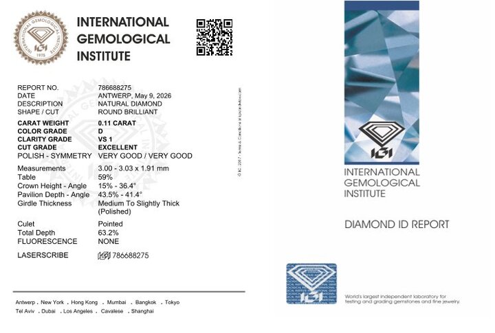 Gutachten zu Diamant Brillant hochfeines Weiss (D) vs1, 0,11 ct