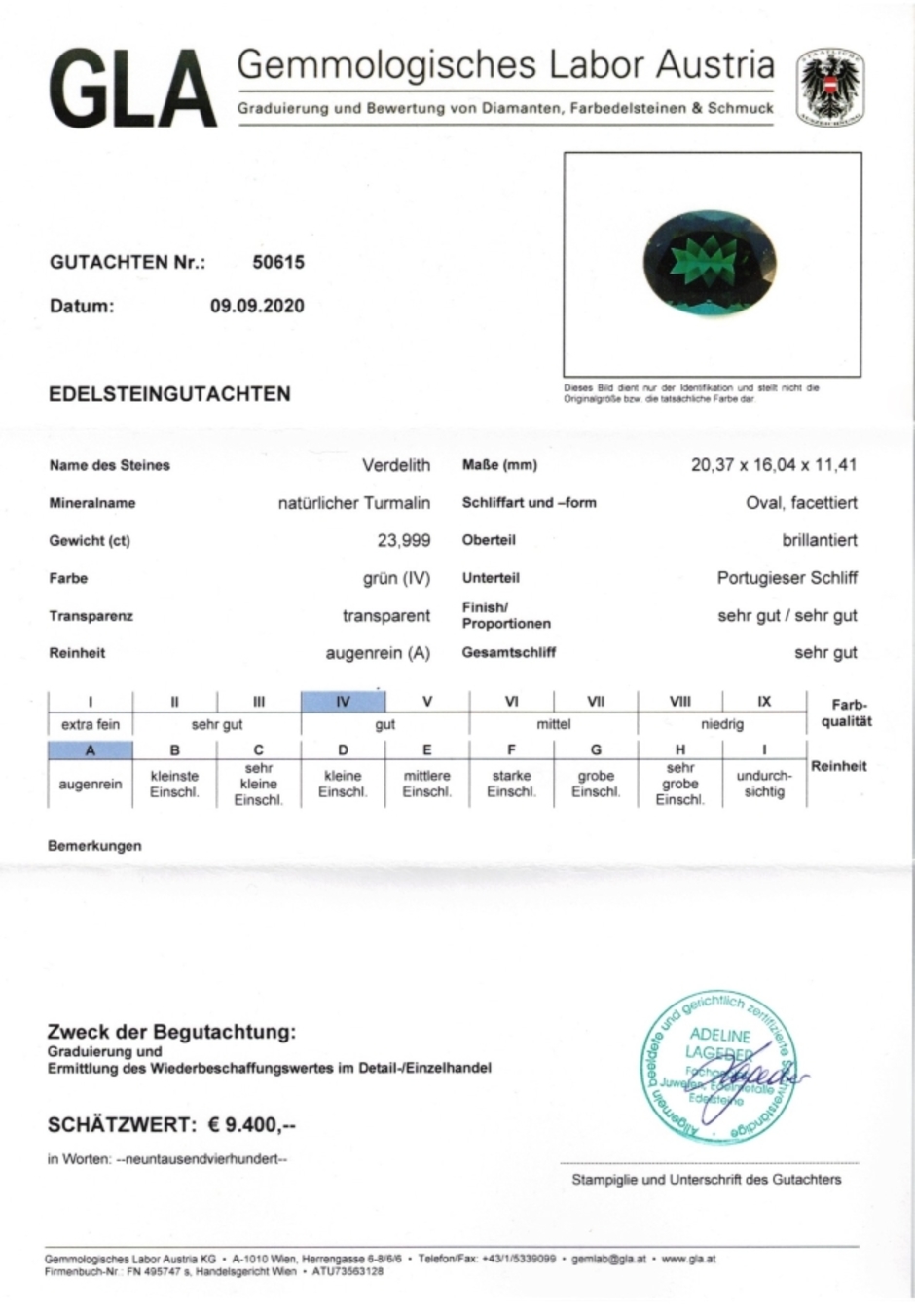 Gutachten zu Verdelith Turmalin oval grün 23,99 ct