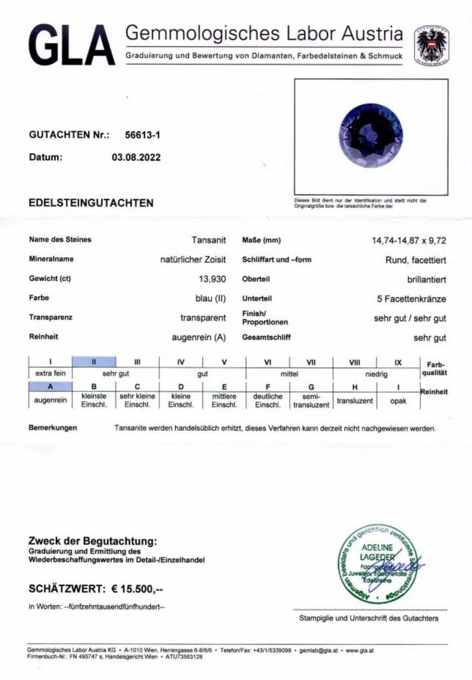 Gutachten zu Tansanit rund intensives Blau 13,93 ct.