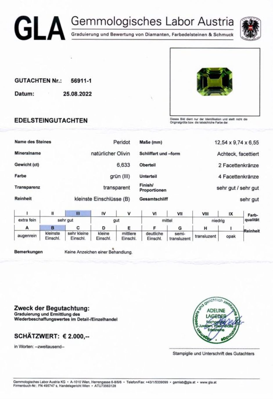 Gutachten zu Peridot octagon grün unbehandelt 6,63 ct.