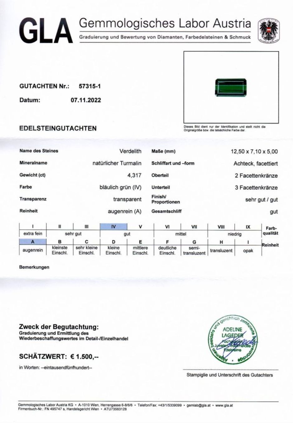 Gutachten zu Verdelith Turmalin grün octagon 4,31 ct.