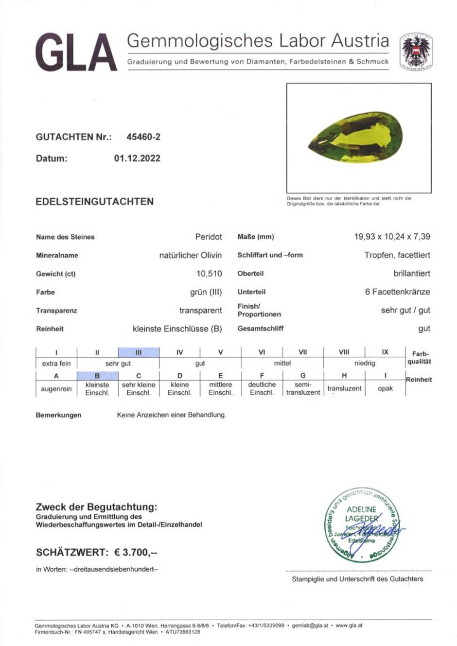 Gutachten zu Peridot pear green 10.51 ct