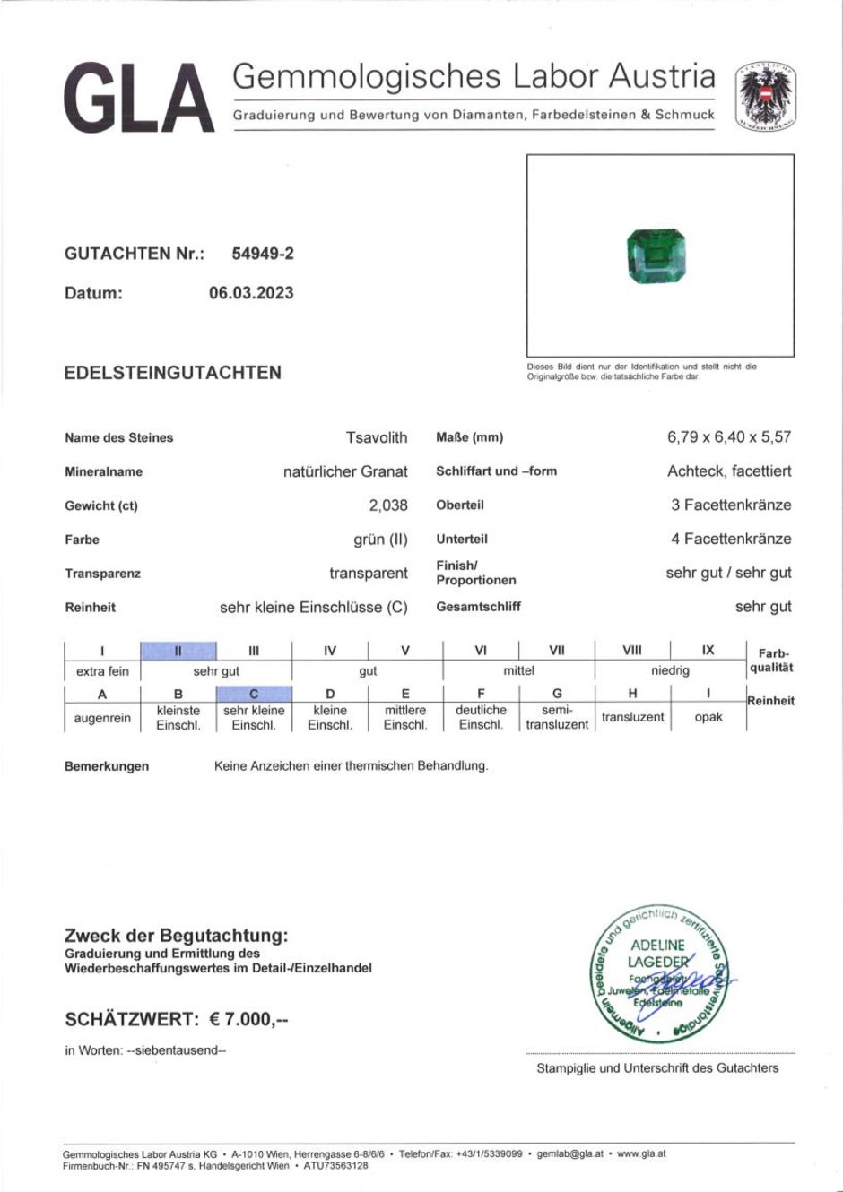Gutachten zu Tsavorite Garnet octagon intense green 2.03 ct