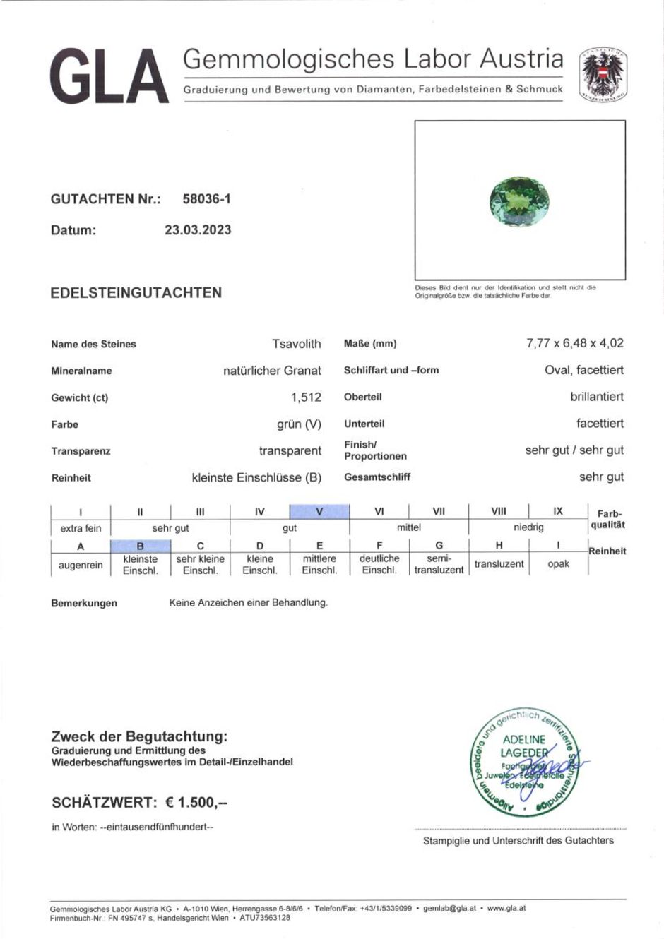 Gutachten zu Tsavorit Granat oval grün 1,51 ct
