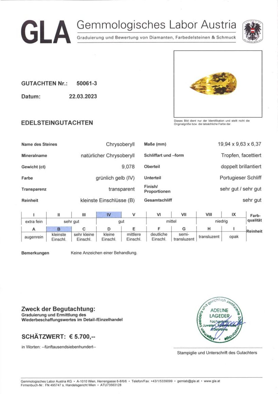 Gutachten zu Chrysoberyll Tropfen gelb 9,07 ct