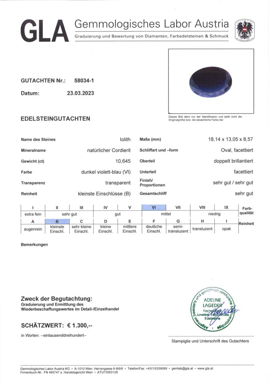 Gutachten zu Iolith oval dunkelblau unbehandelt 10,64 ct.