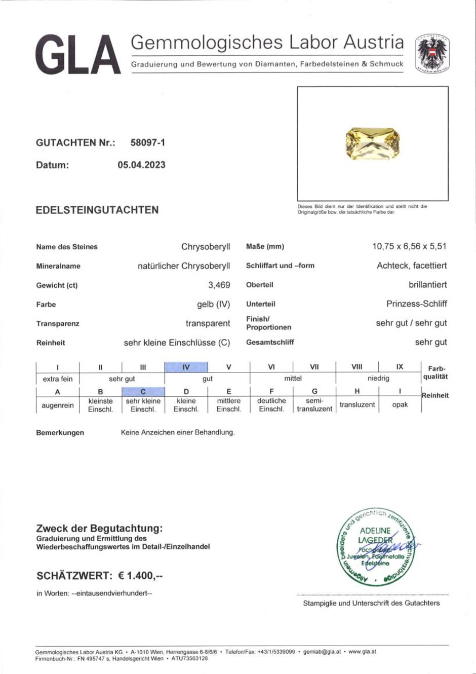 Gutachten zu Chrysoberyll octagon-princess gelb 3,46 ct.