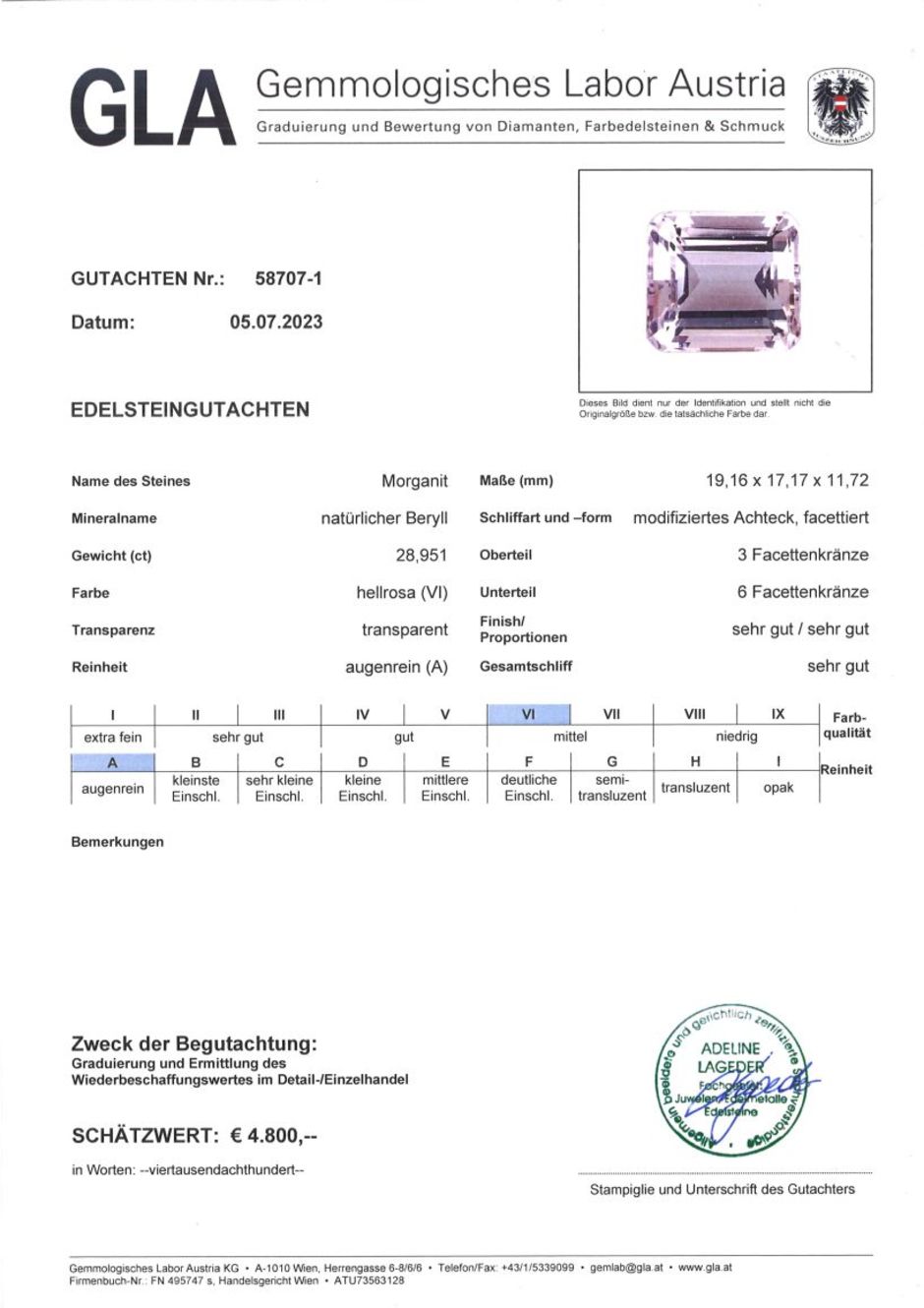 Gutachten zu Morganite octagon-modifiziert light pink 28.95 ct