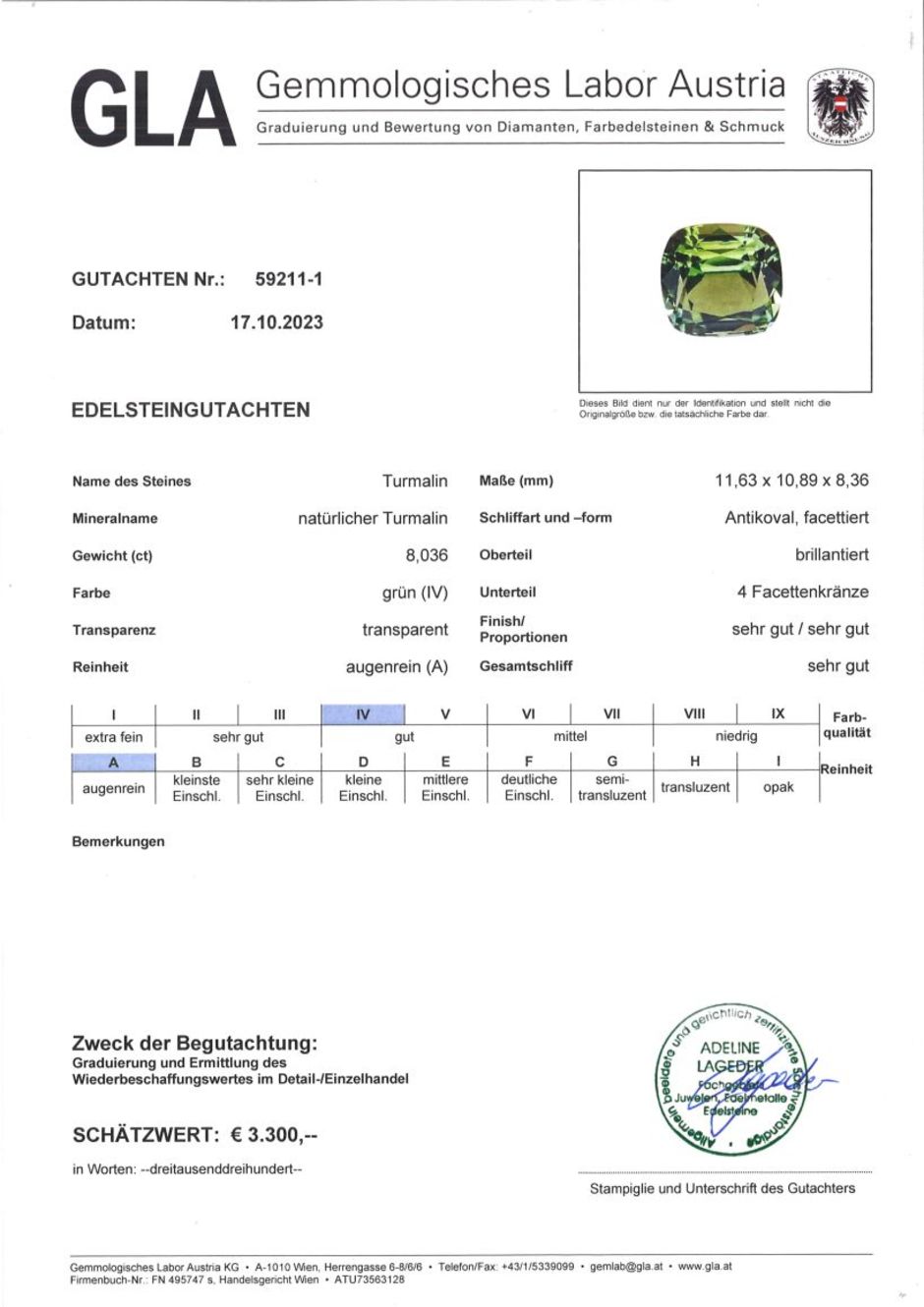 Gutachten zu Verdelith Turmalin antik grün 8,03 ct