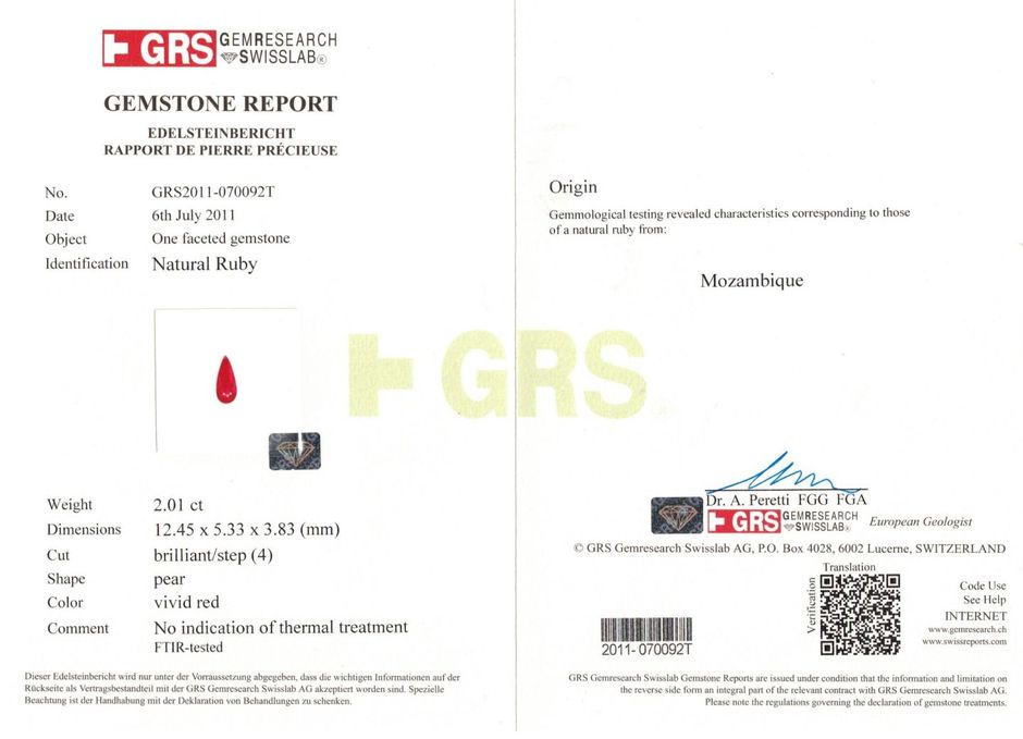 Gutachten zu Rubin Tropfen purpurrot ungebrannt 2,01 ct