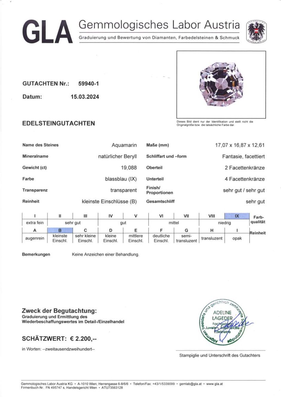 Gutachten zu Aquamarin Design-Achteck zartblau 19,08 ct