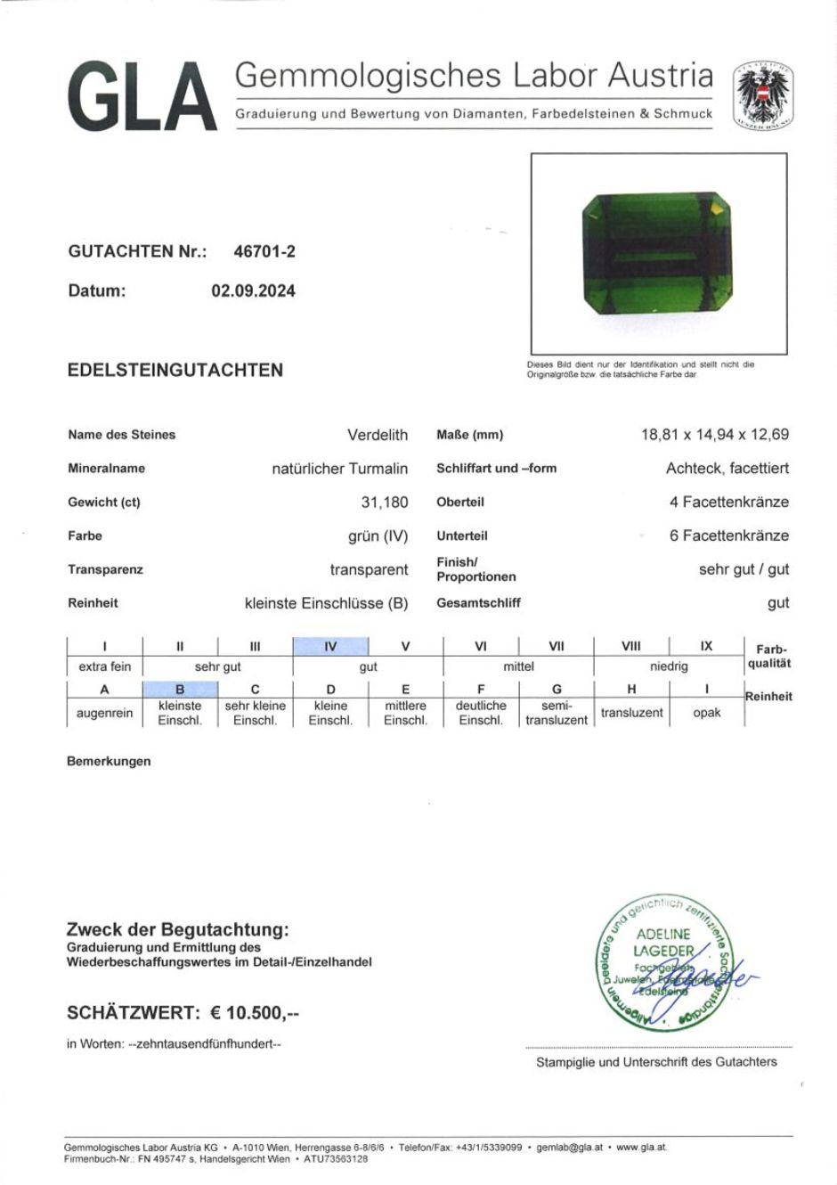 Gutachten zu Verdelith Turmalin octagon grün 31,18 ct