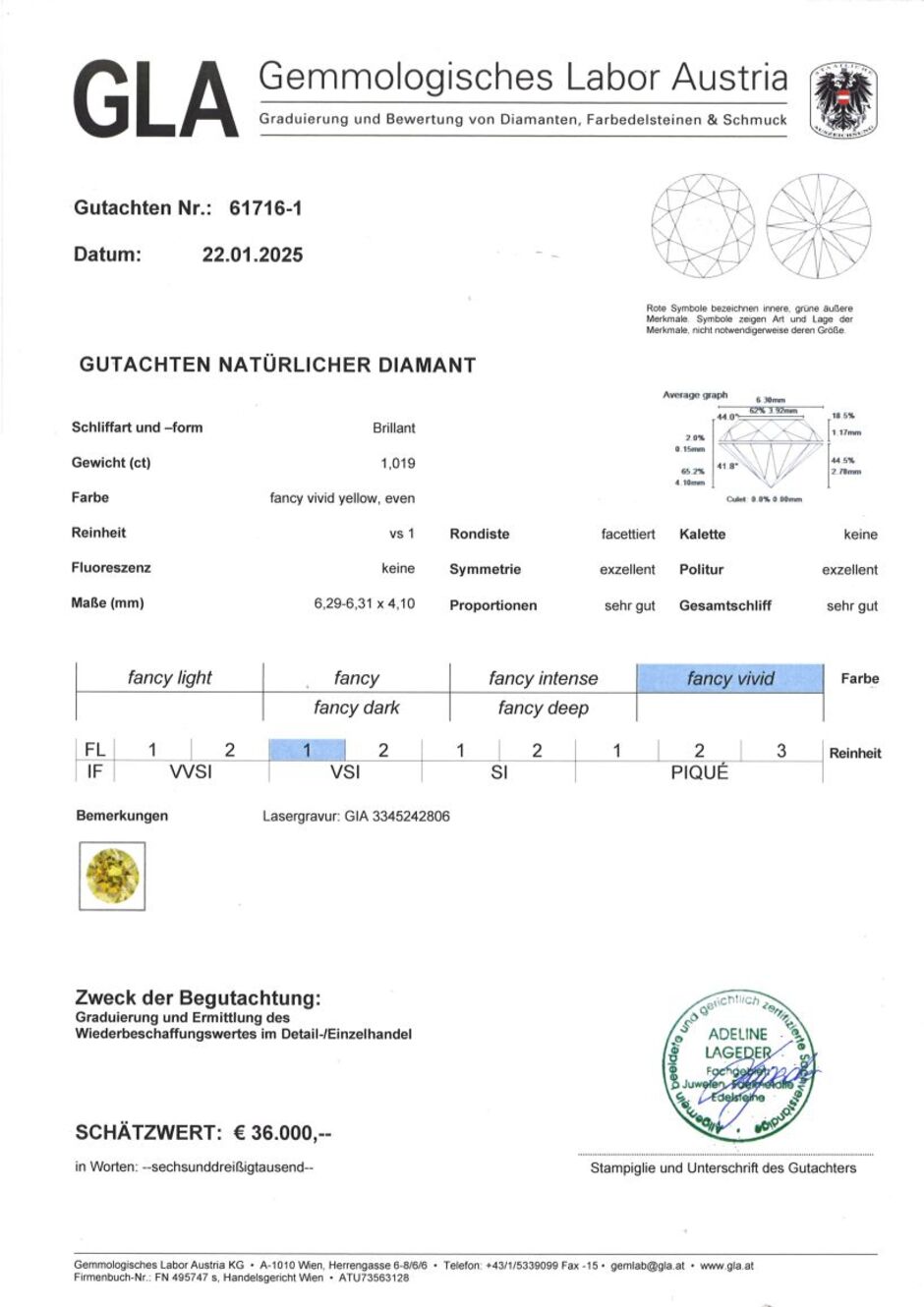 Gutachten zu Farbdiamant Brillant sehr intensives Gelb vs1 1,02 ct.