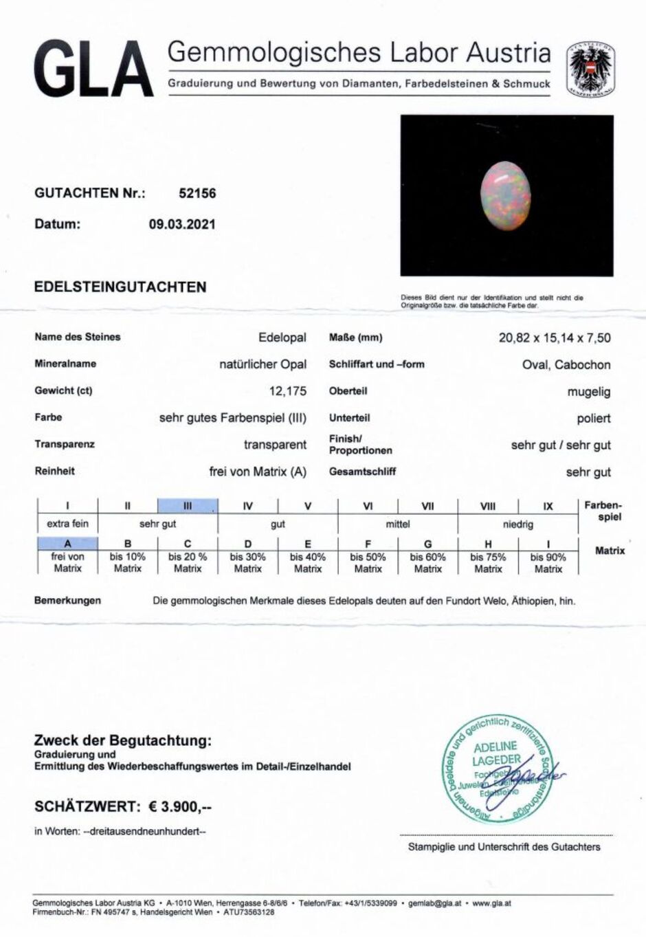 Gutachten zu Edelopal Cabochon oval 12,17 ct.