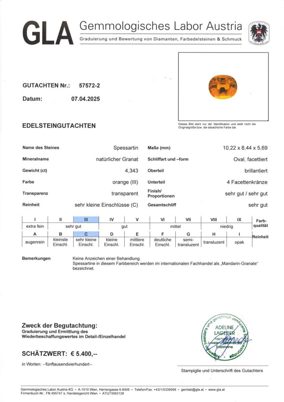 Gutachten zu Mandarin-Granat oval intensives Orange 4,34 ct.