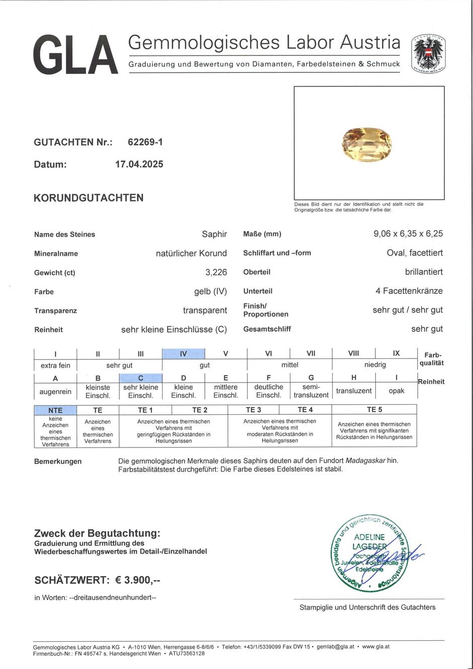 Gutachten zu Saphir oval gelb ungebrannt 3,22 ct.