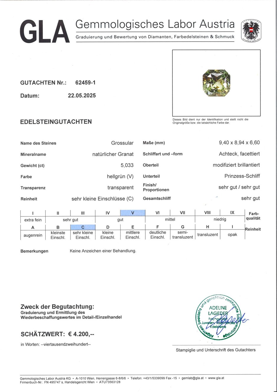 Gutachten zu Garnet Grossularite octagon light green 5.03 ct.