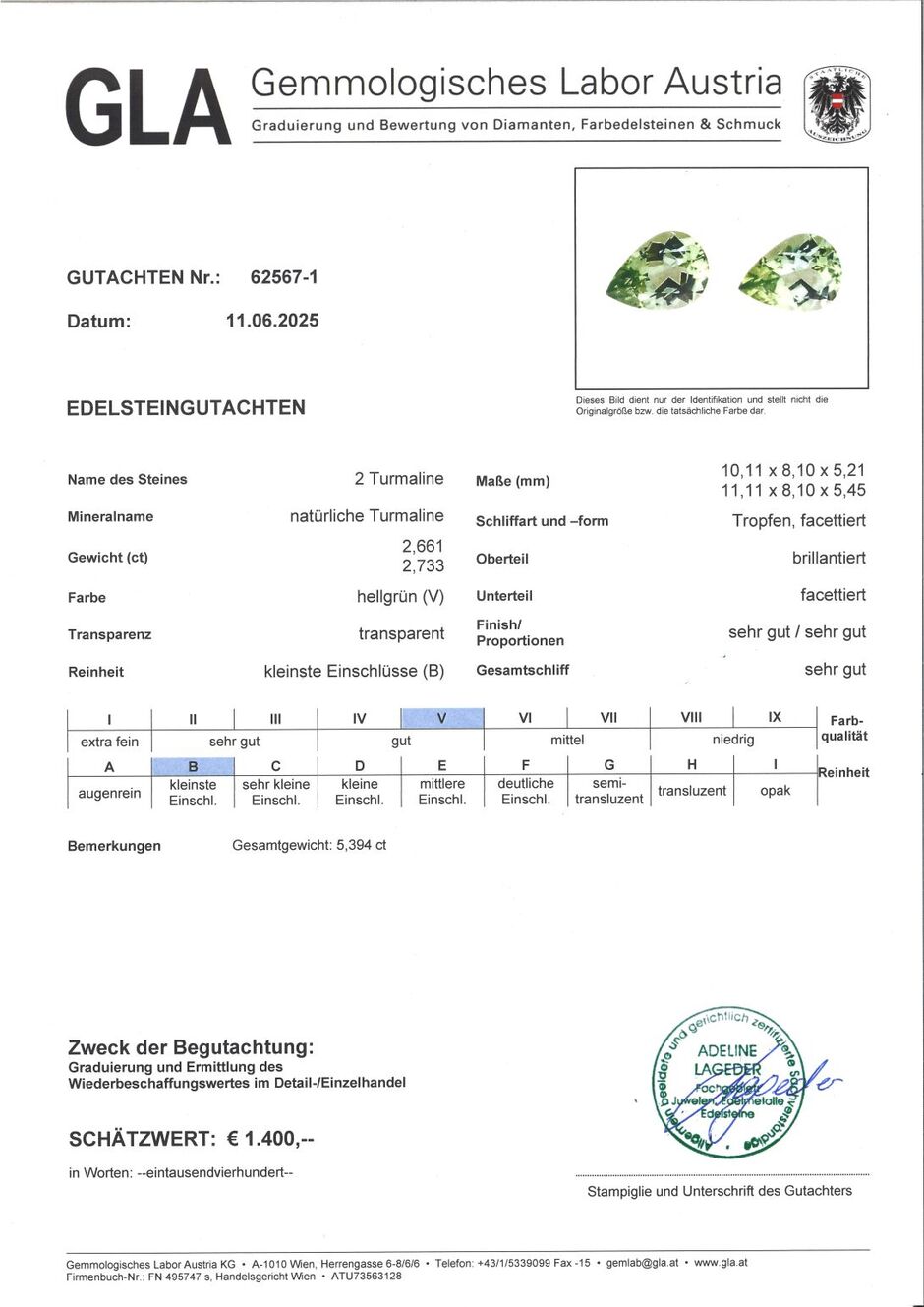 Gutachten zu Turmalin Duo Tropfen hellgrün 5,39 ct.