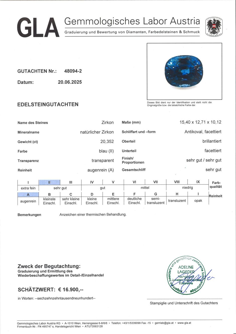 Gutachten zu Zircon cushion intense blue 20.35 ct.