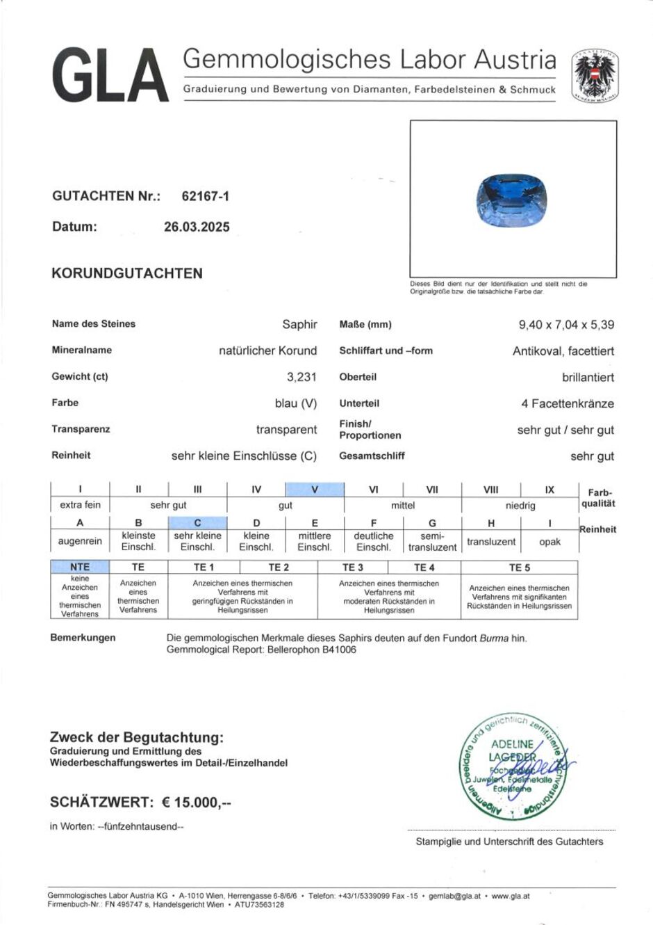Gutachten zu Burma Saphir antik blau unbehandelt 3,23 ct.