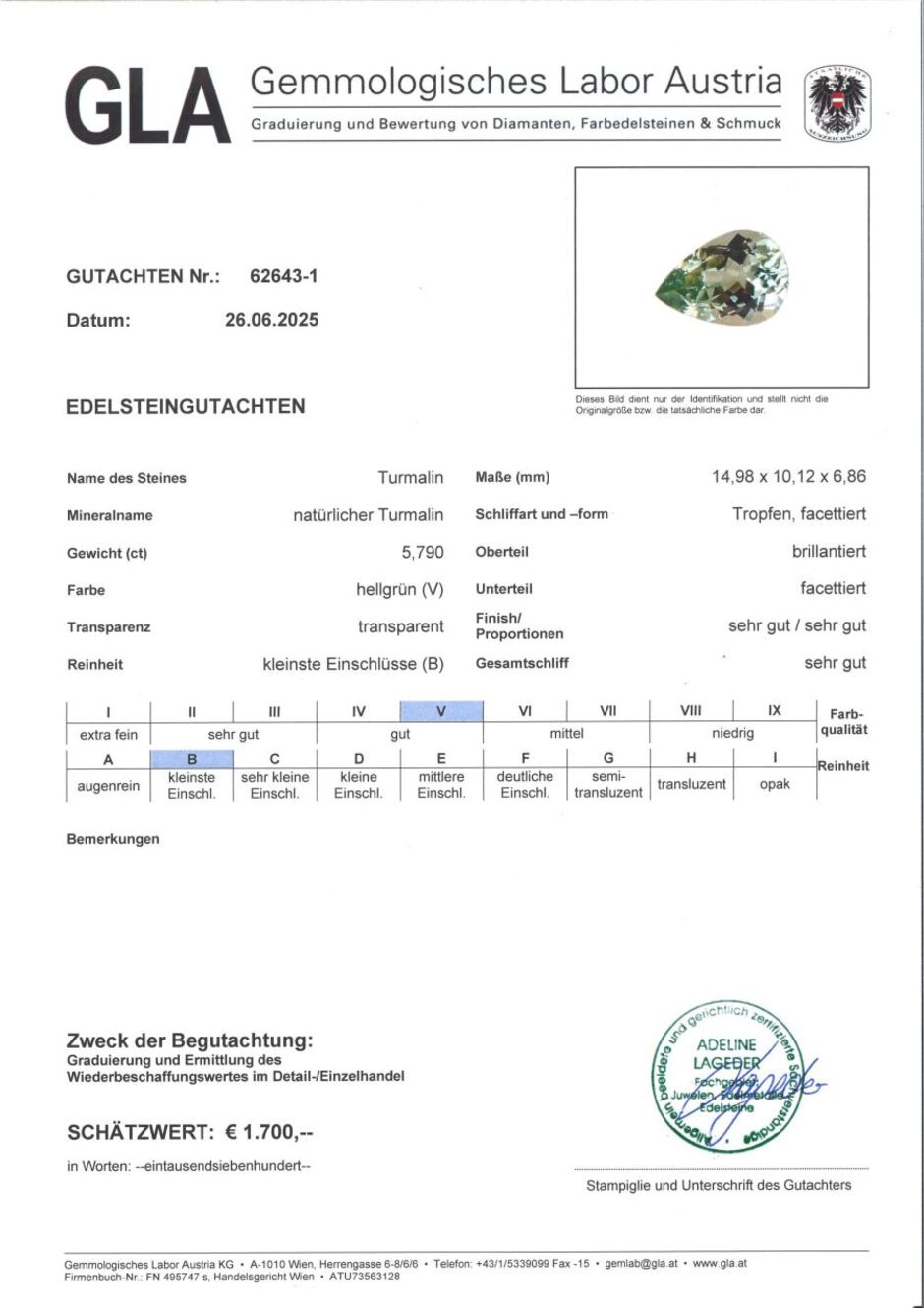 Gutachten zu Turmalin Tropfen hellgrün 5,79 ct