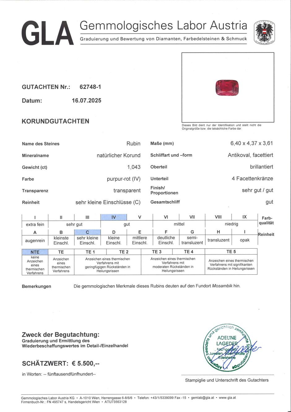 Gutachten zu Ruby cushion purplish red unheated 1.04 ct.