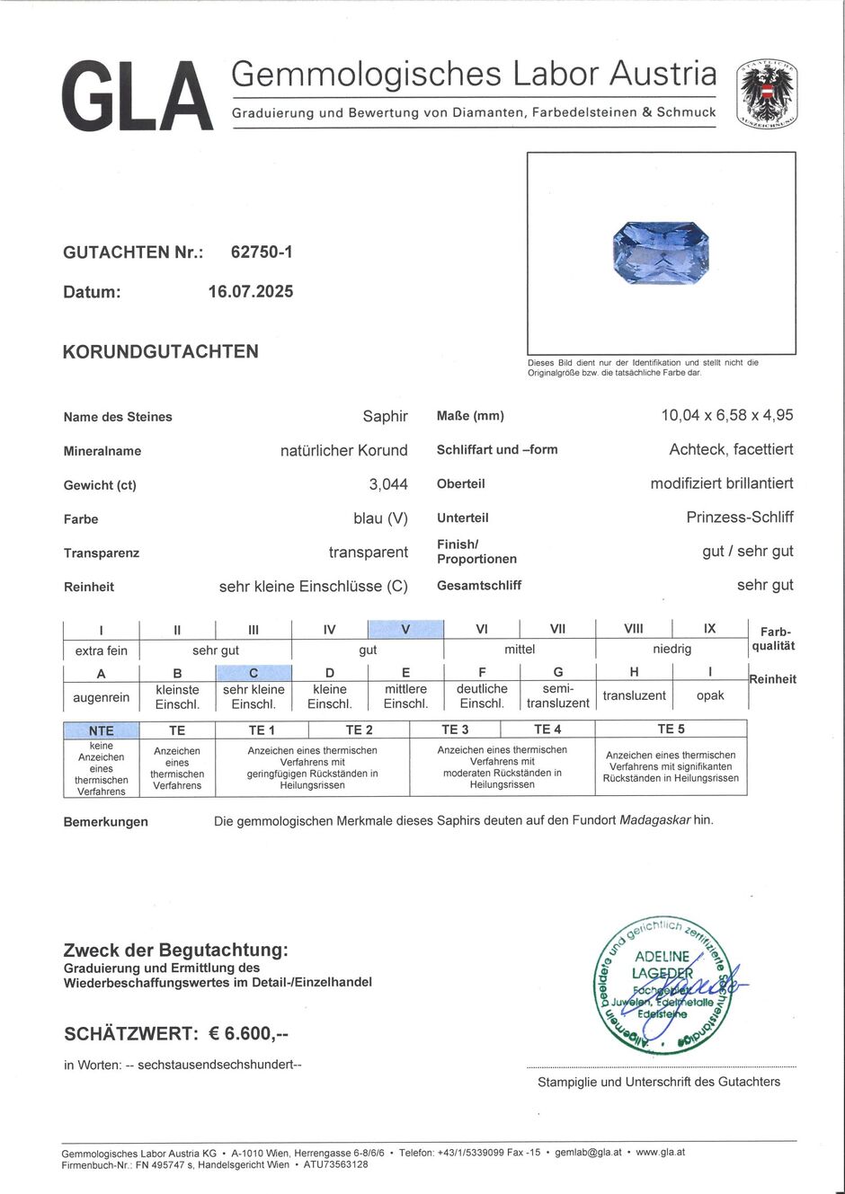 Gutachten zu Saphir octagon-princess blau ungebrannt 3,04 ct.