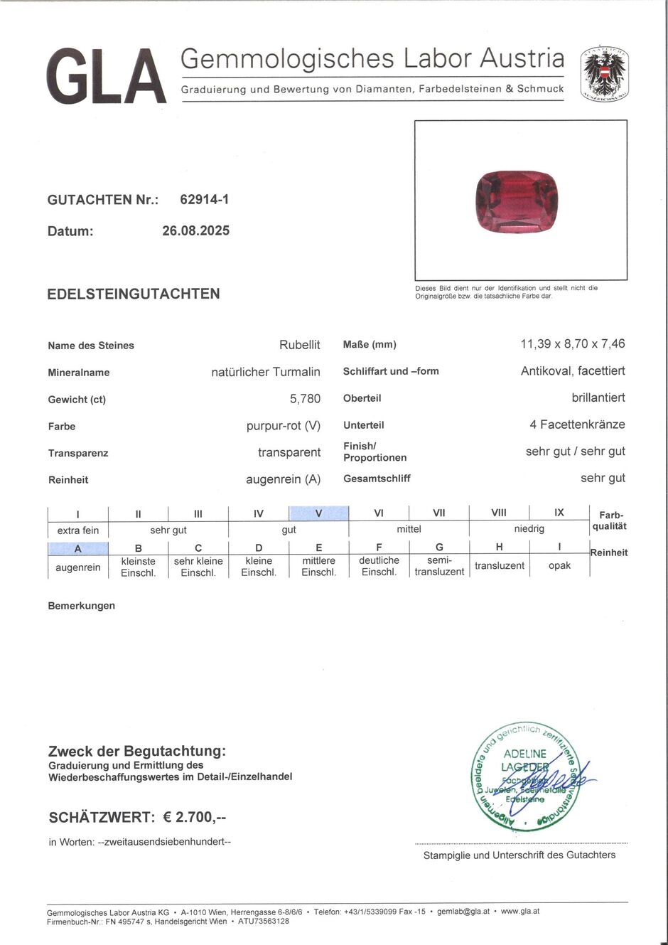 Gutachten zu Rubellite Tourmaline cushion purplish red 5.78 ct.