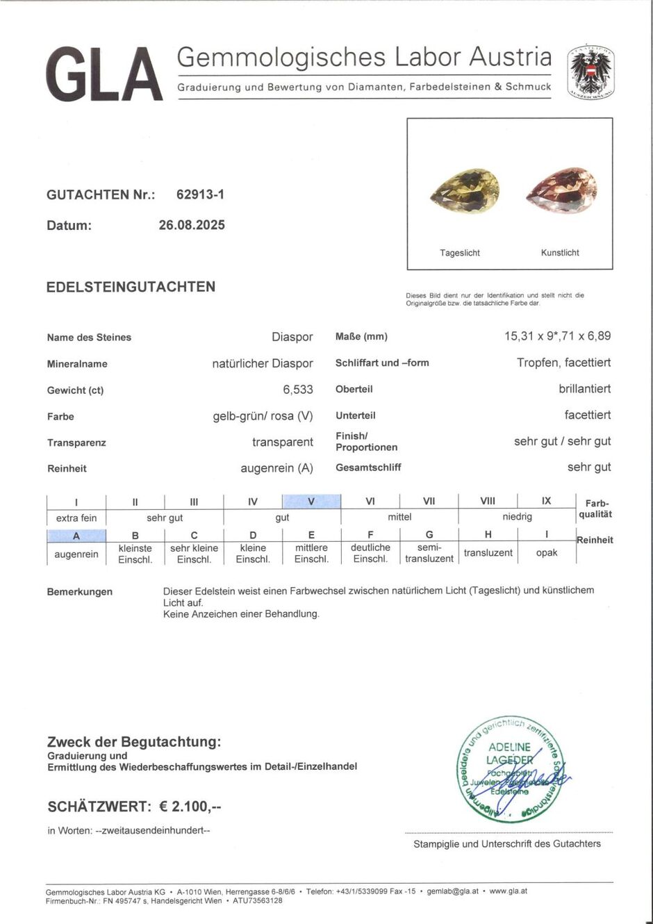 Gutachten zu Diaspor Sultanit Tropfen gelbgrün 6,53 ct