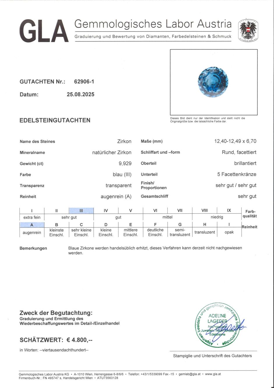 Gutachten zu Zircon round blue 9.92 ct.
