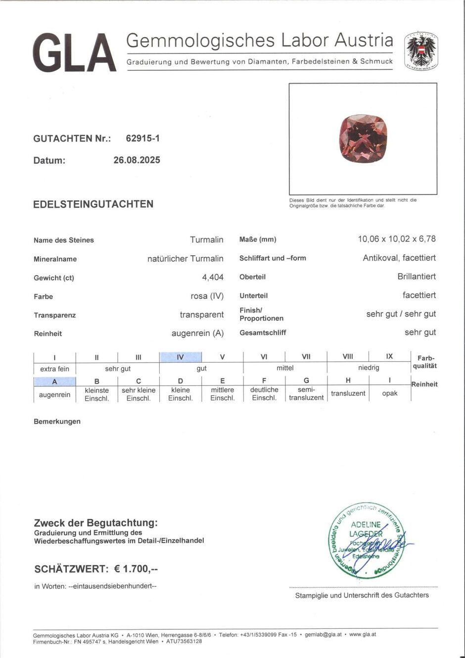 Gutachten zu Rubellit Turmalin antik rosarot 4,40 ct.