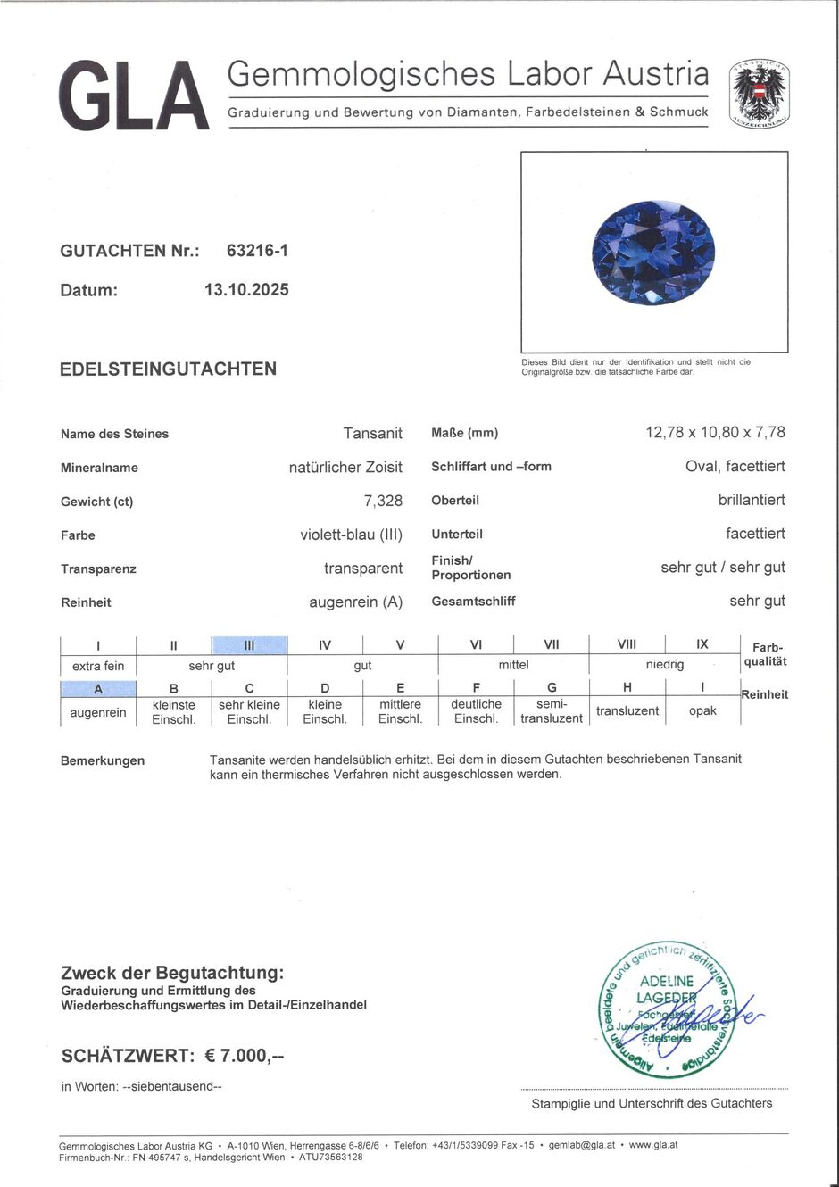 Gutachten zu Tansanit oval intensives Blau 7,32 ct.