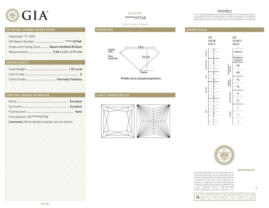Gutachten zu Diamant Princess feines Weiss G lupenrein 1,02 ct
