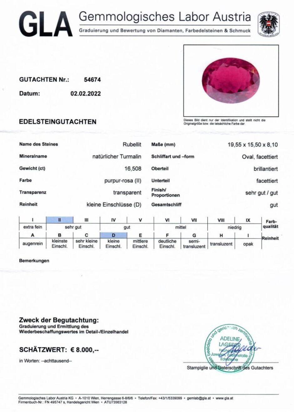 Gutachten zu Rubellite Tourmaline oval intense purple red 16.50 ct.