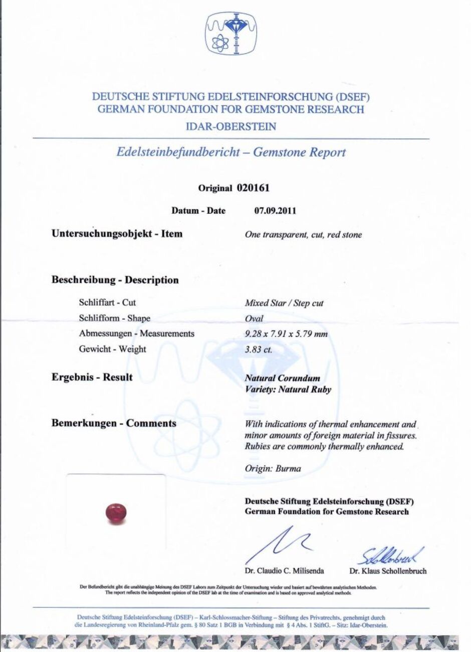 Gutachten zu Burma Rubin oval intensives pink-rot 3,83 ct.