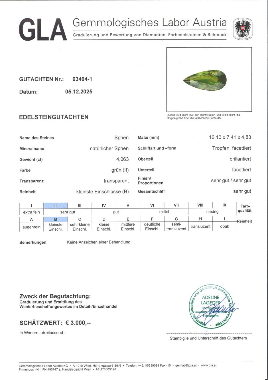 Gutachten zu Sphen Tropfen grün 4,04 ct.