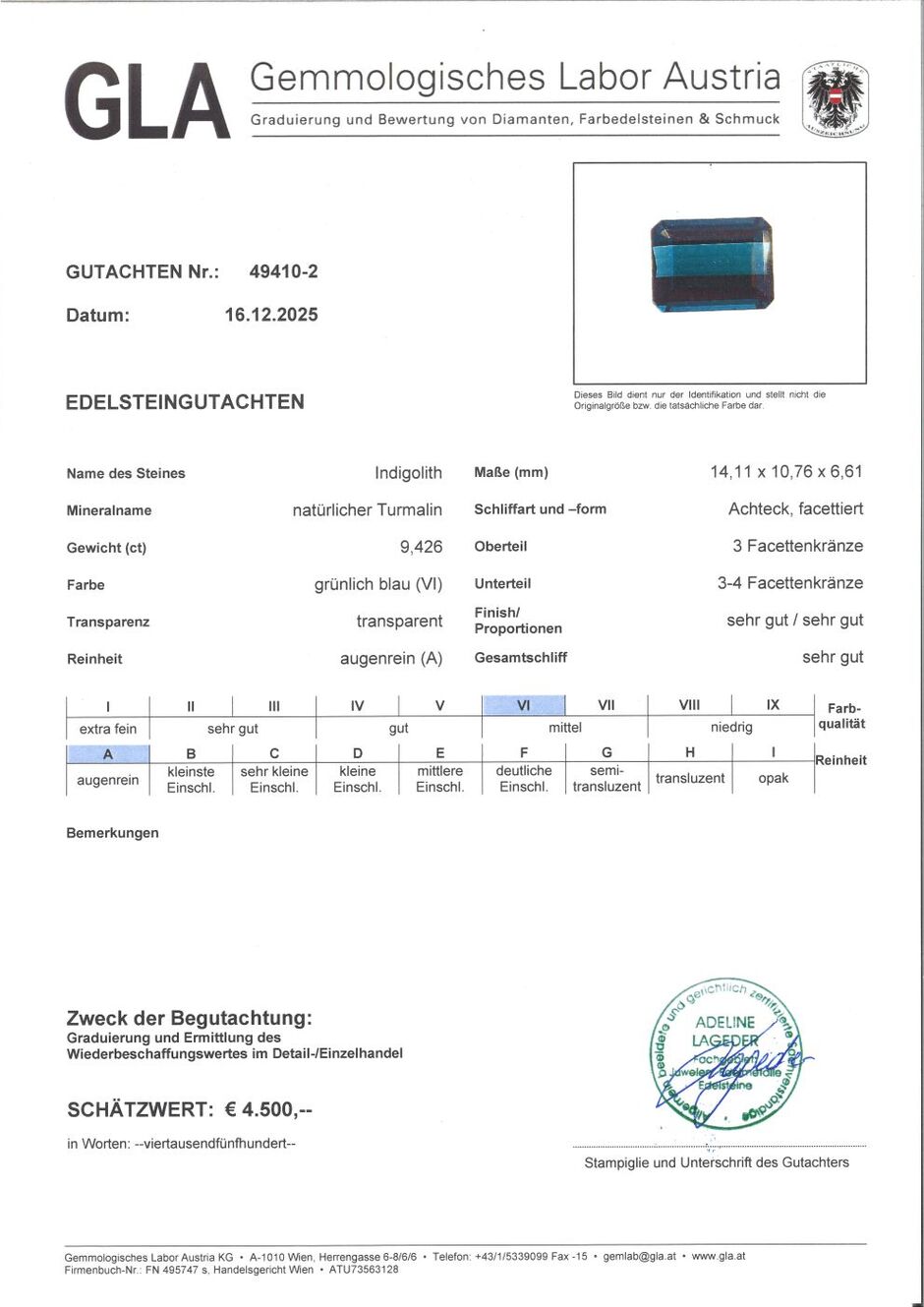 Gutachten zu Indigolith Turmalin octagon grünlich blau 9,42 ct