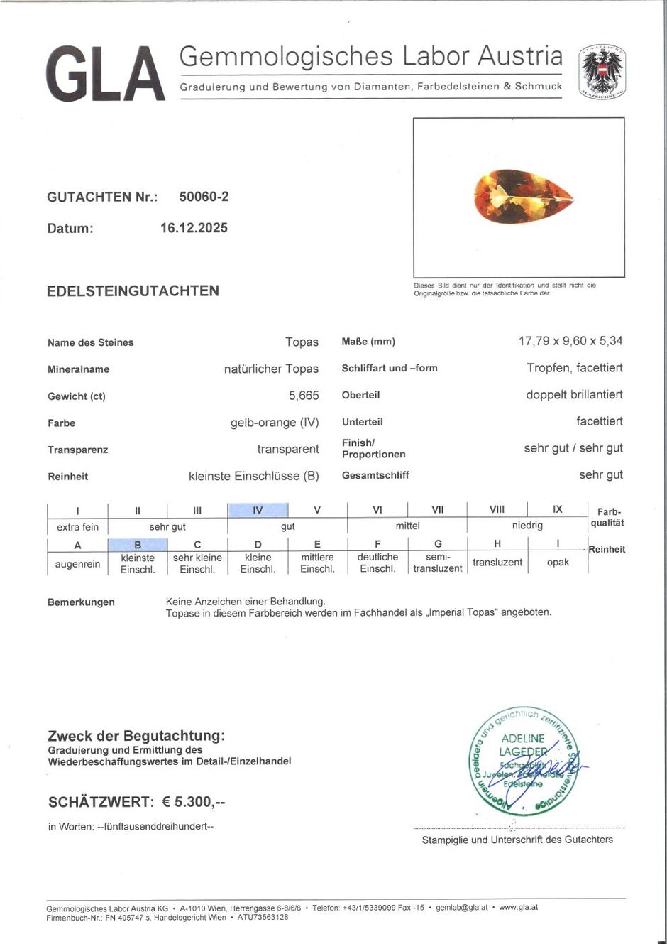 Gutachten zu Imperial-Topas pear yellow orange 5.66 ct
