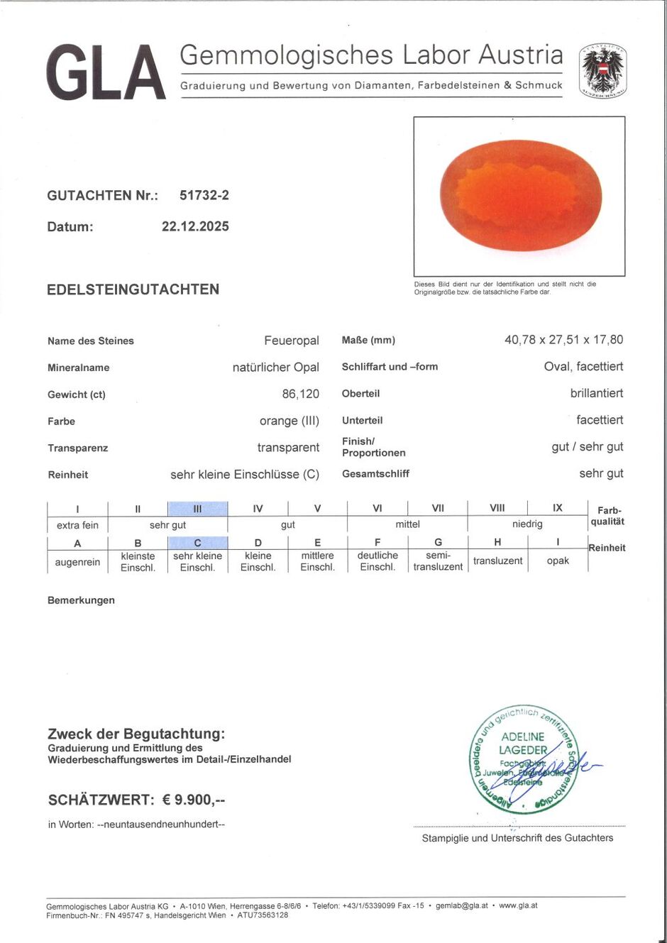 Gutachten zu Feueropal oval orange 68,12 ct.