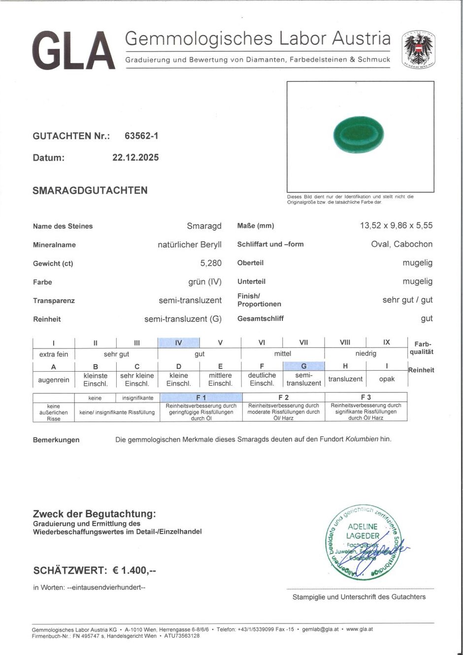 Gutachten zu Emerald cabochon oval green 5.28 ct.