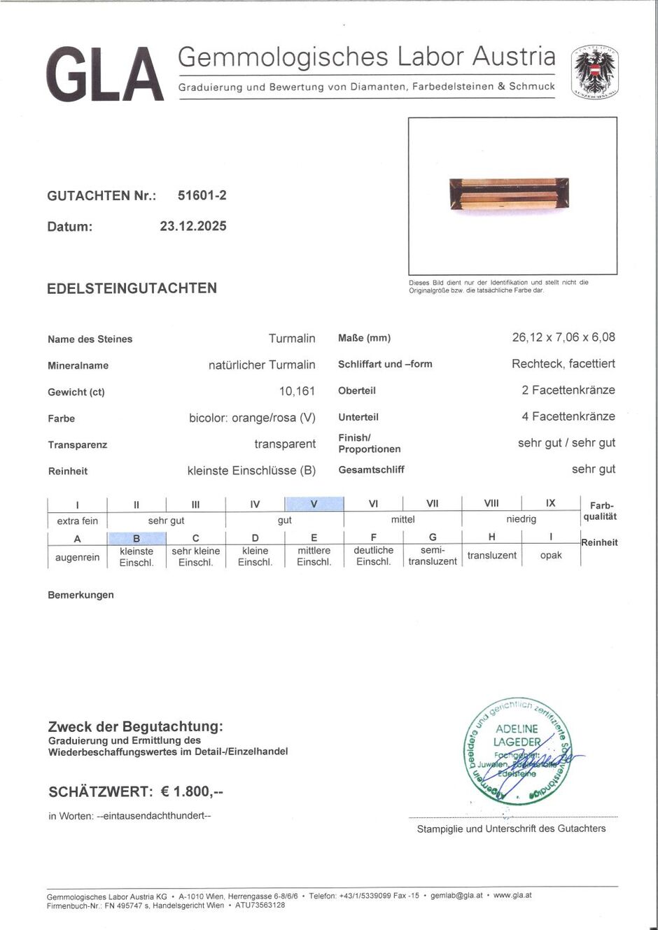 Gutachten zu Turmalin Baguette bräunlich-rosa 10,16 ct