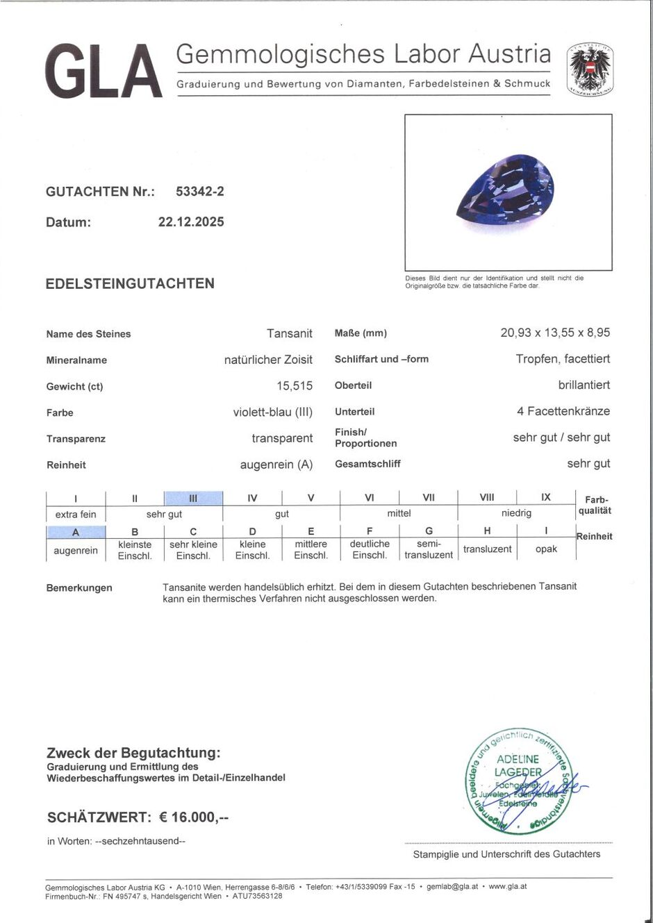 Gutachten zu Tanzanite pear blue 15.51 ct
