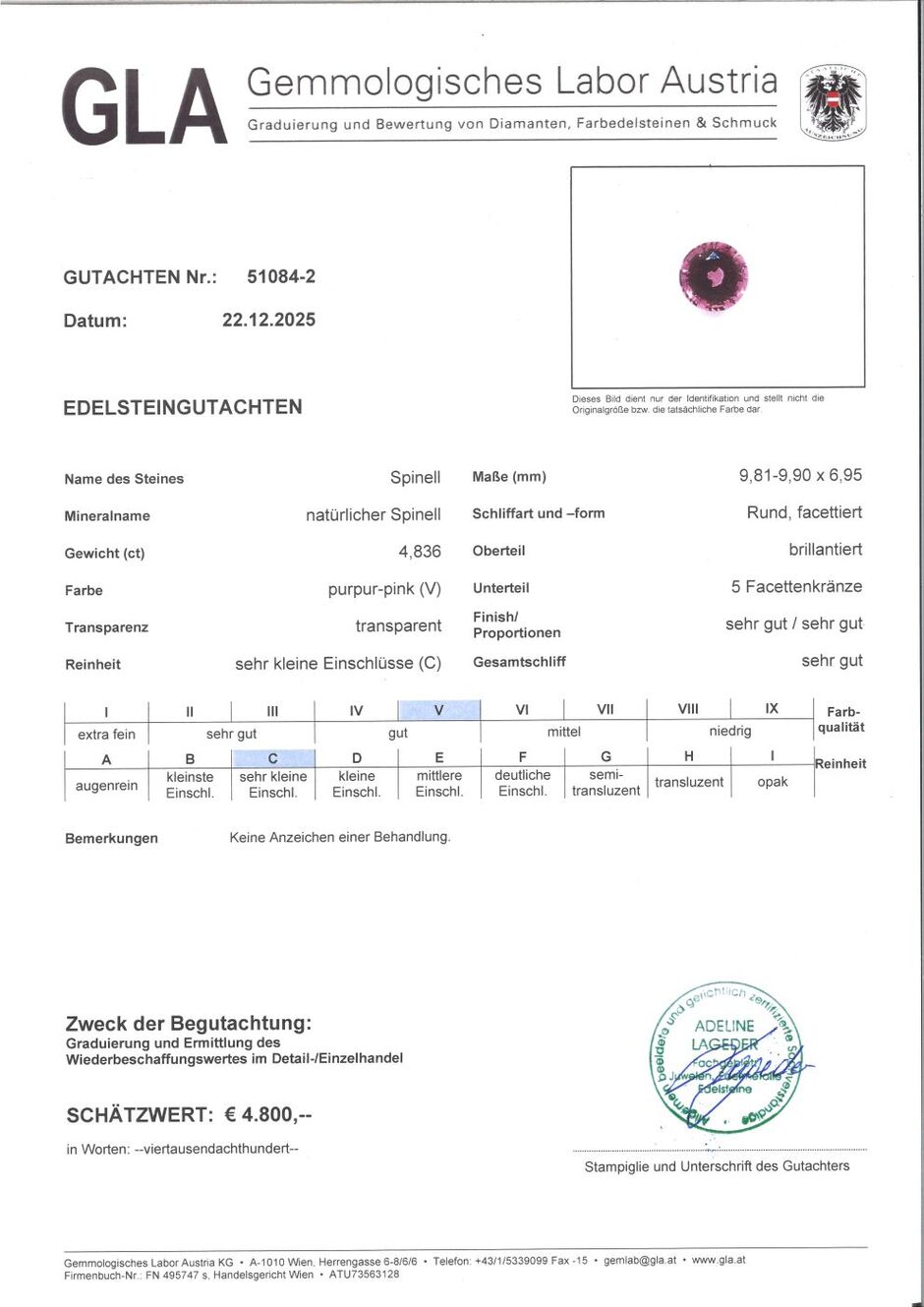 Gutachten zu Spinel round pinkish purple untreated 4.83 ct